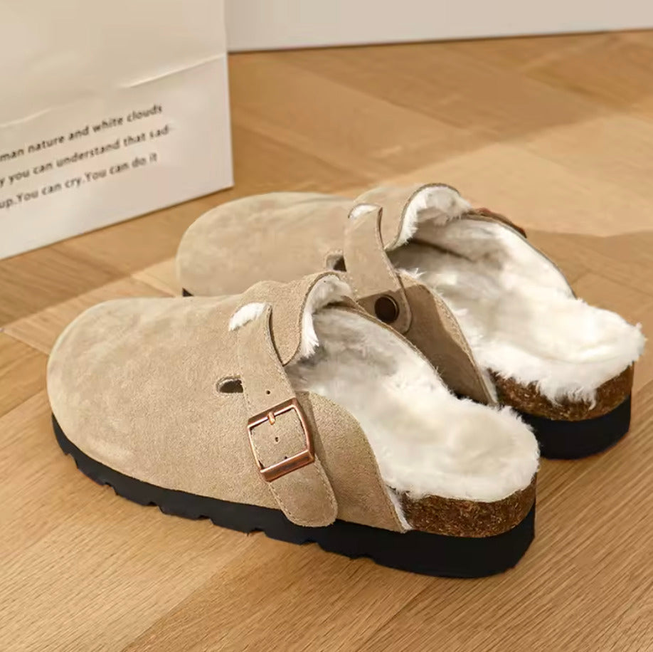Sabot en cuir Suède Boston à fourrure fermé | Vanille Crème