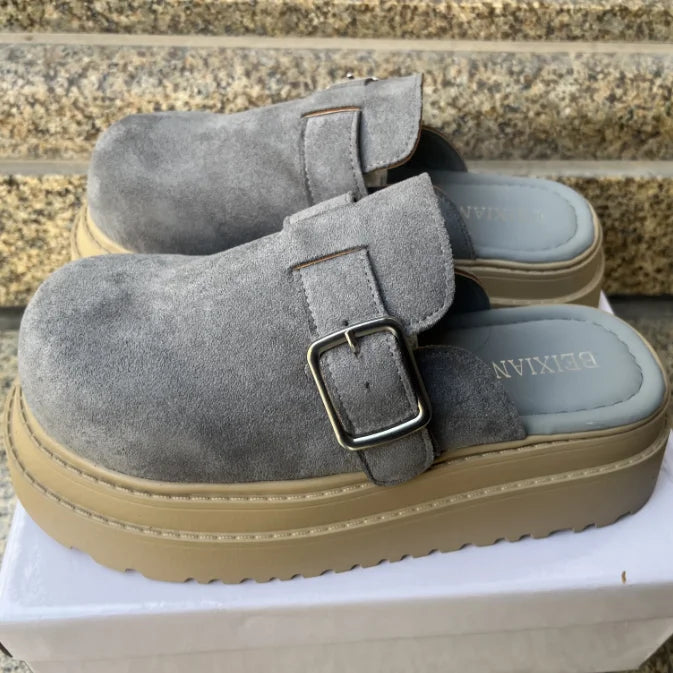 Sabot pour femme en cuir Suède Boston fermé à talon léger | Gris