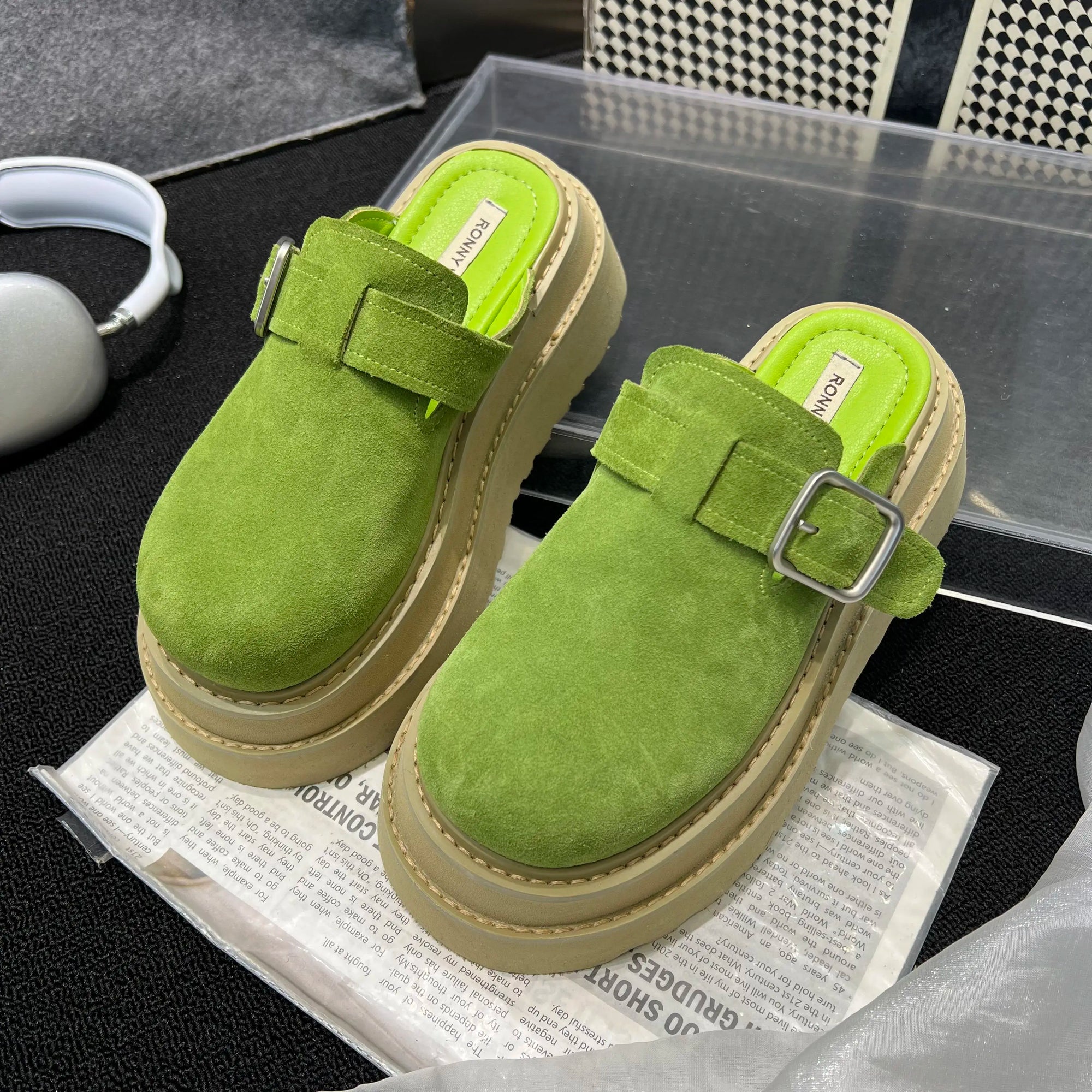 Sabot pour femme en cuir Suède Boston fermé à talon léger | Vert