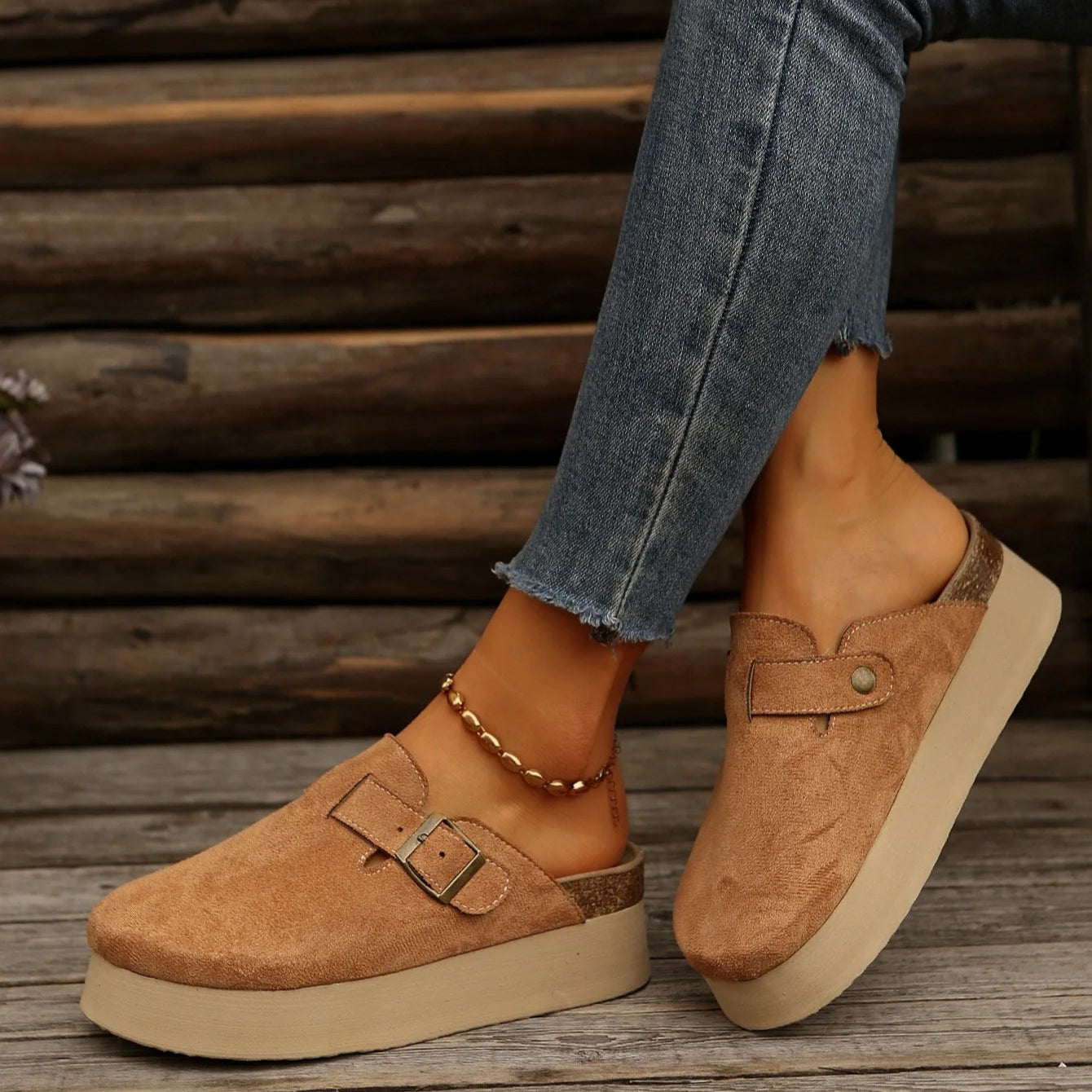 Sabot pour femme Suède à talon léger | Marron Caramel