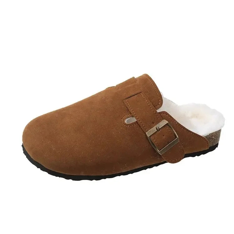 Sabot en cuir Suède Boston à Fourrure fermé | Cognac Riche